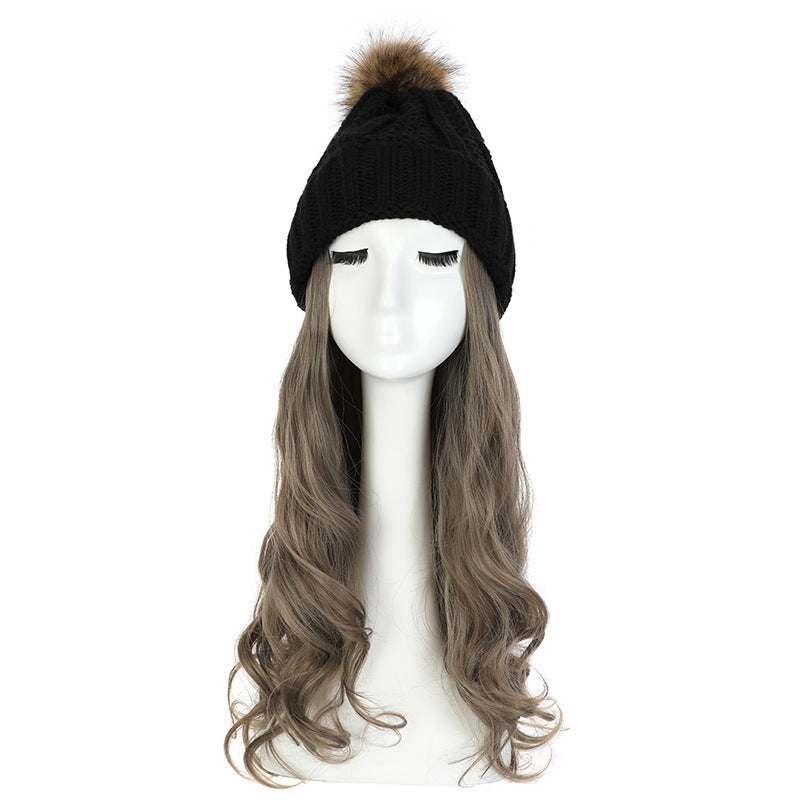 Women's Hat Wig Detachable Woolen Cap