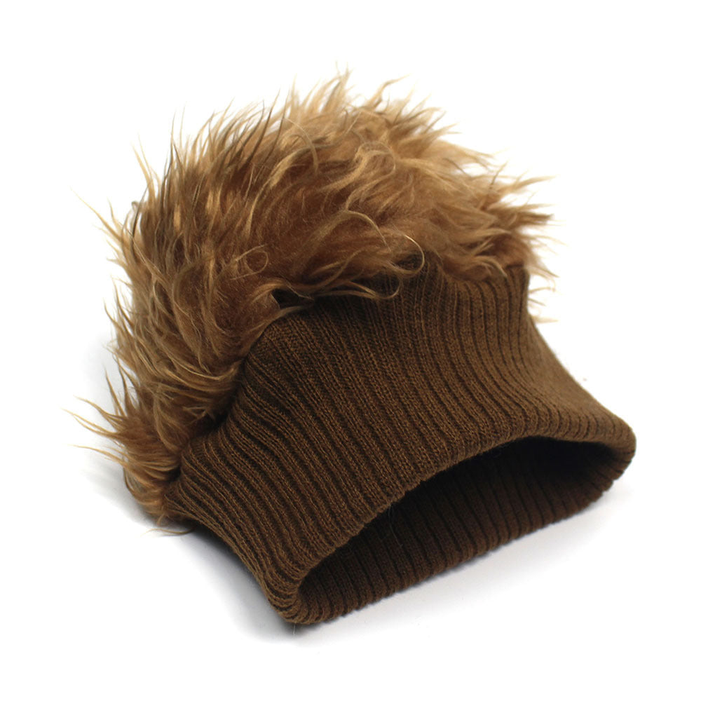 Wide-brimmed Knitted Sleeve Cap Furry Wig