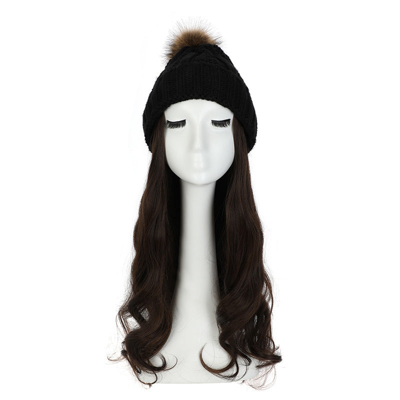 Women's Hat Wig Detachable Woolen Cap