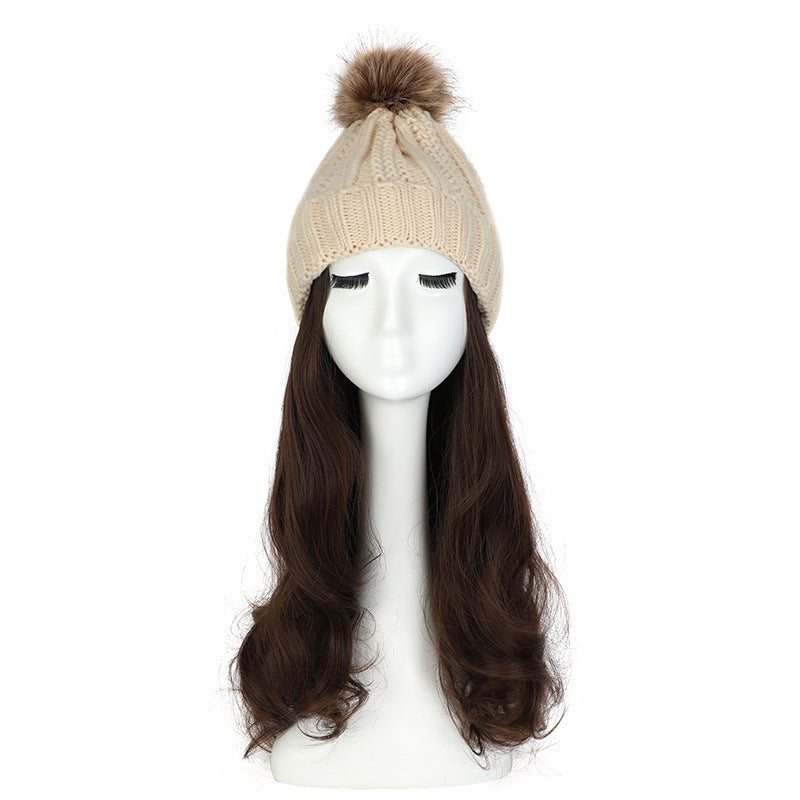 Women's Hat Wig Detachable Woolen Cap