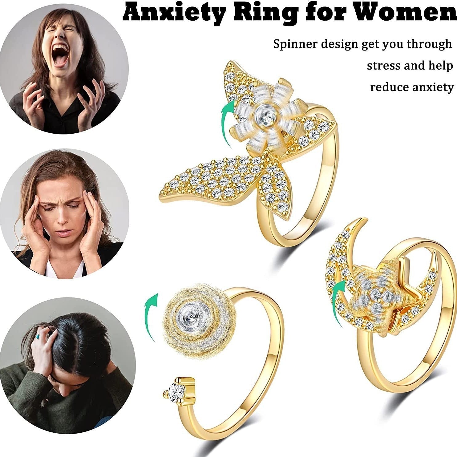 Fashion Luxury Golden Butterfly Zircon Spinning Ring Suit