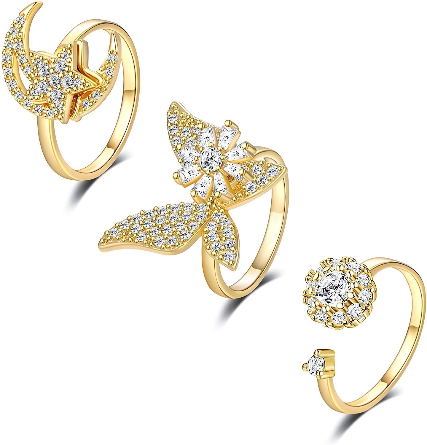 Fashion Luxury Golden Butterfly Zircon Spinning Ring Suit
