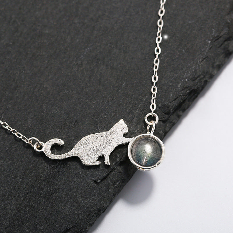 Cat Moonstone Necklace Silver Plated For Women