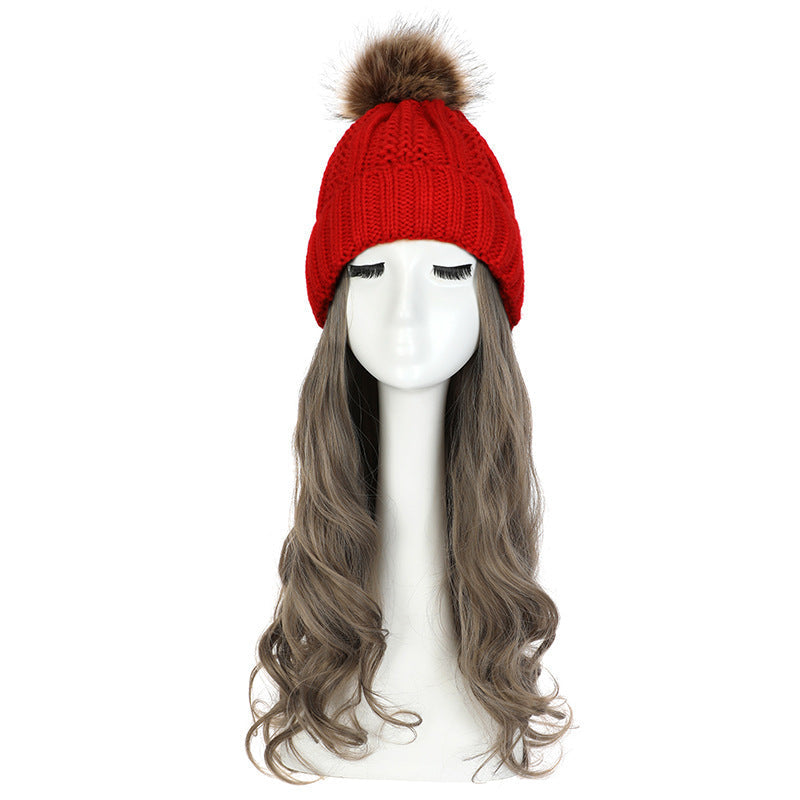Women's Hat Wig Detachable Woolen Cap