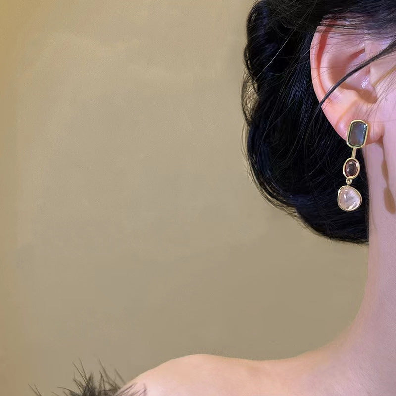 Asymmetric Colored Gemstone Silver Pin Vintage Clash Earrings