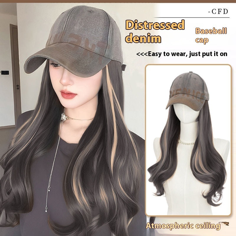 All-in-one American Retro Denim Peaked Cap Dyed Micro-roll Wig