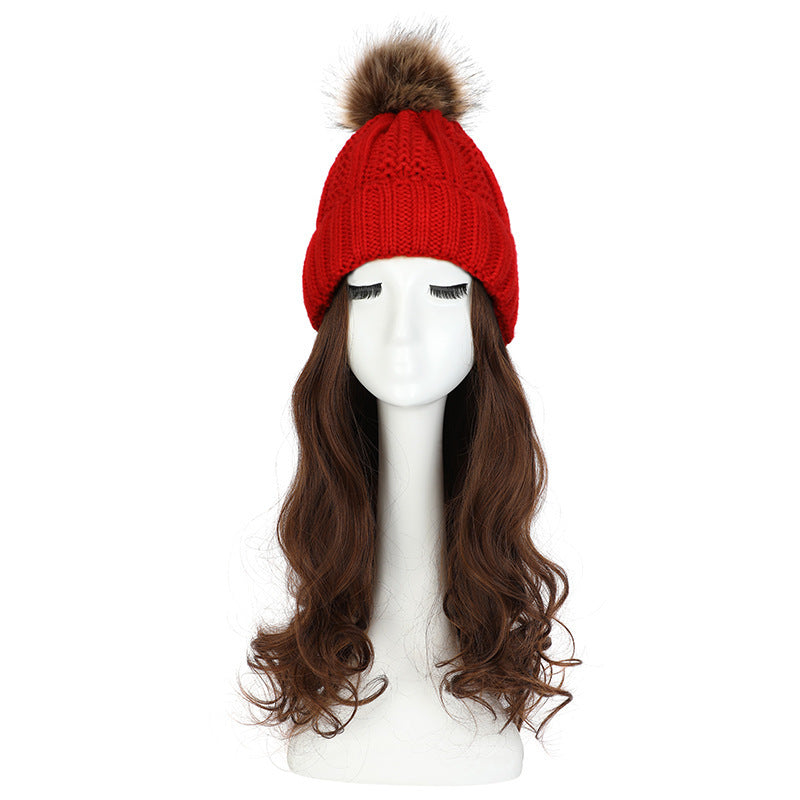 Women's Hat Wig Detachable Woolen Cap