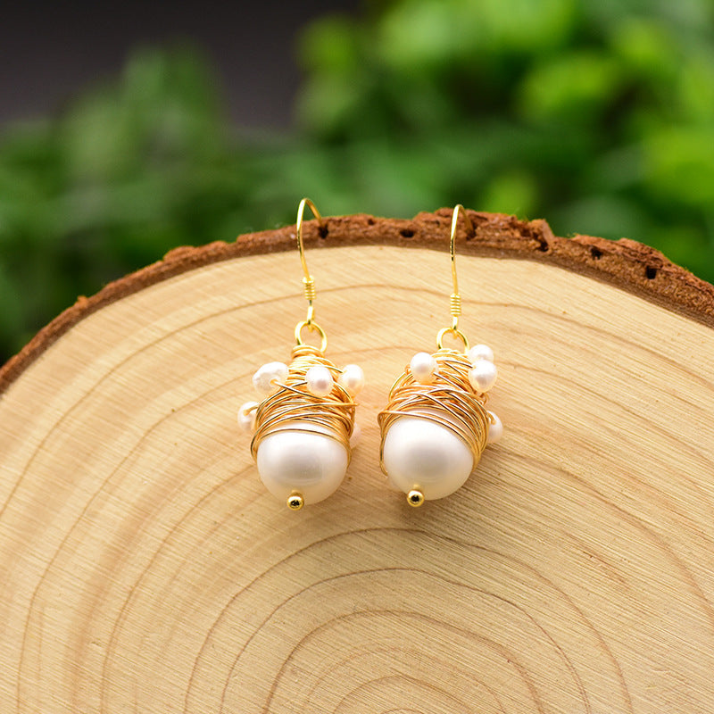 925 Sterling Silver Needle Women's Rice Bead Winding Earrings, Simple Original Handmade Earrings