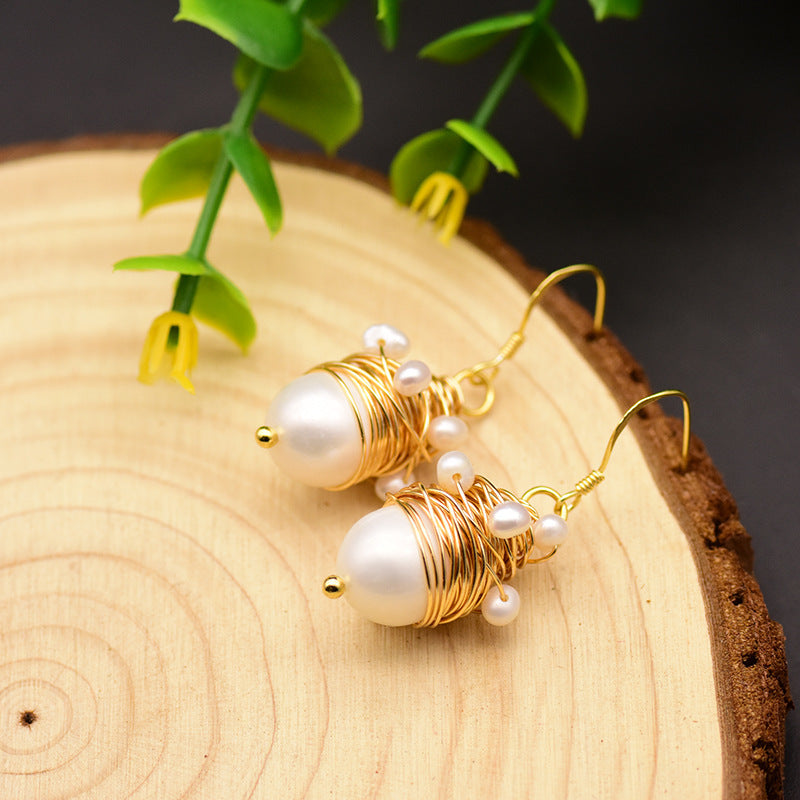 925 Sterling Silver Needle Women's Rice Bead Winding Earrings, Simple Original Handmade Earrings