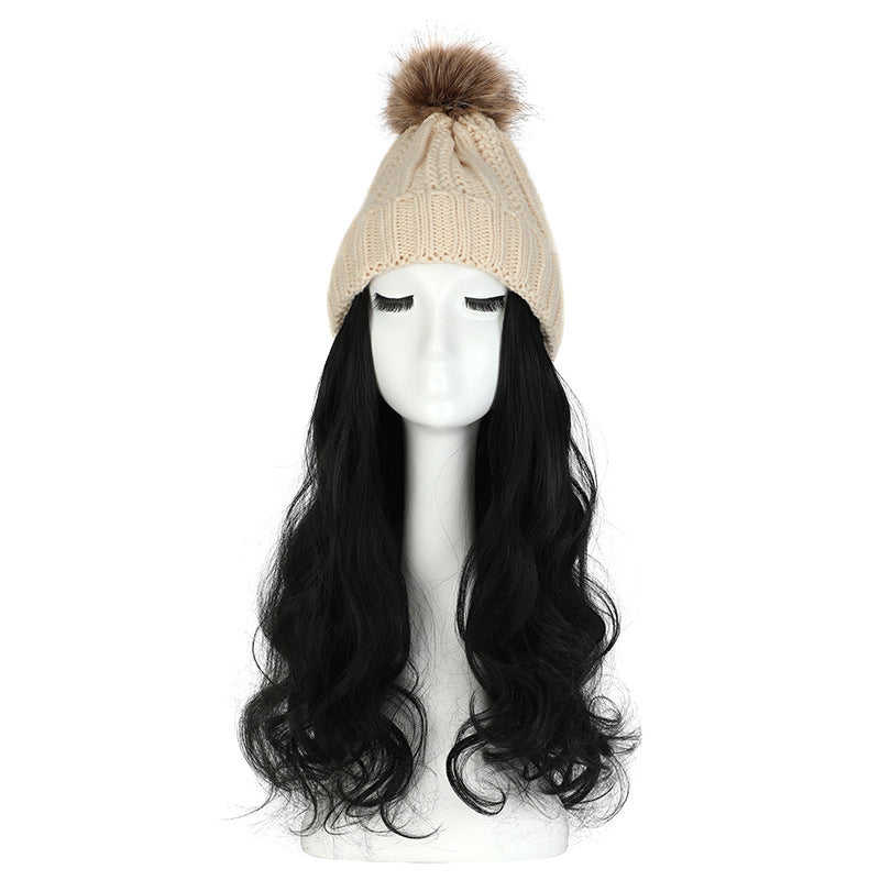 Women's Hat Wig Detachable Woolen Cap