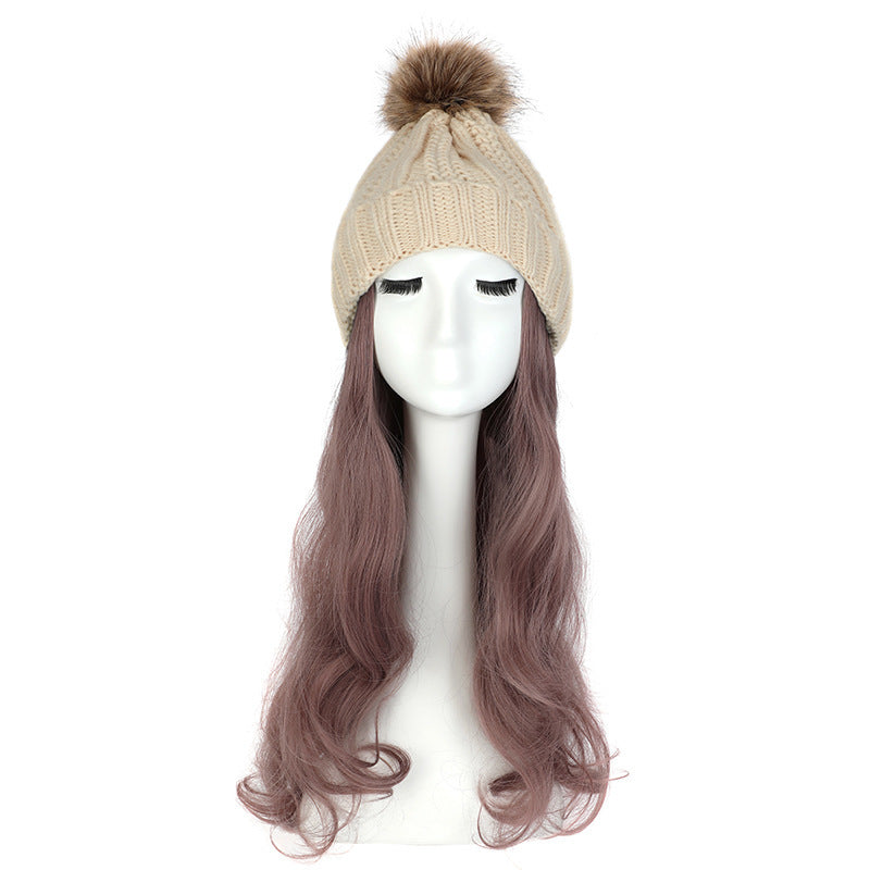 Women's Hat Wig Detachable Woolen Cap