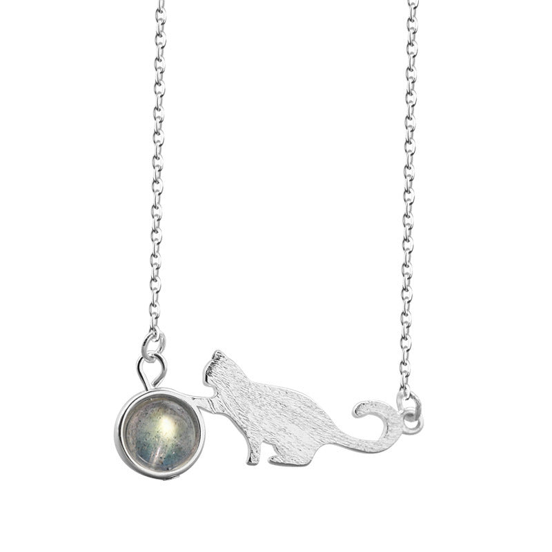 Cat Moonstone Necklace Silver Plated For Women