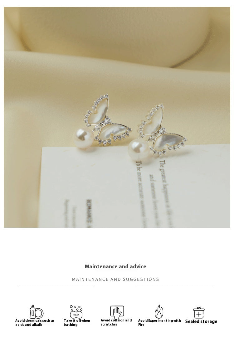 Butterfly Full Diamond Pearl Earrings For Women