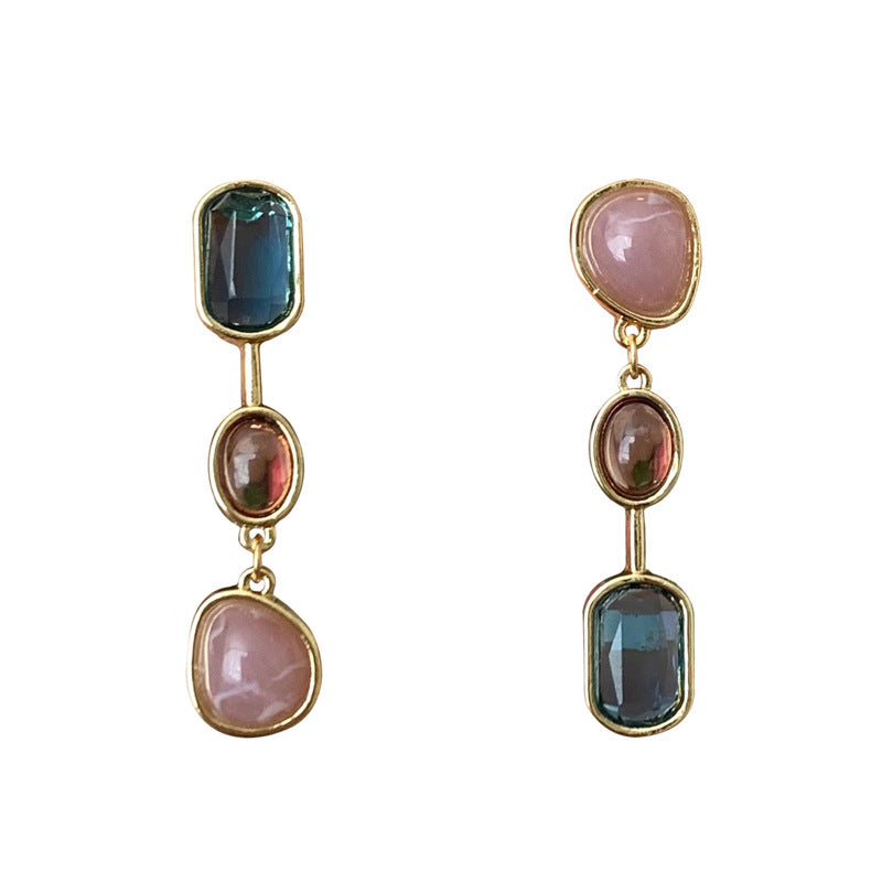 Asymmetric Colored Gemstone Silver Pin Vintage Clash Earrings