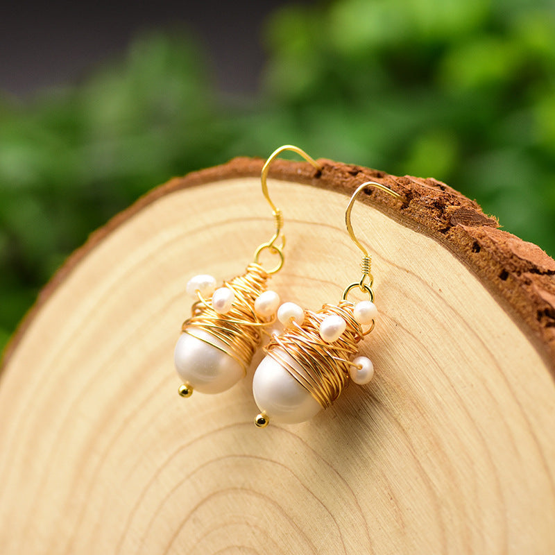 925 Sterling Silver Needle Women's Rice Bead Winding Earrings, Simple Original Handmade Earrings