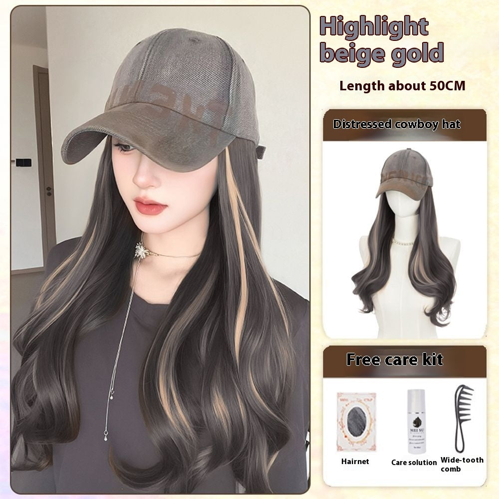 All-in-one American Retro Denim Peaked Cap Dyed Micro-roll Wig