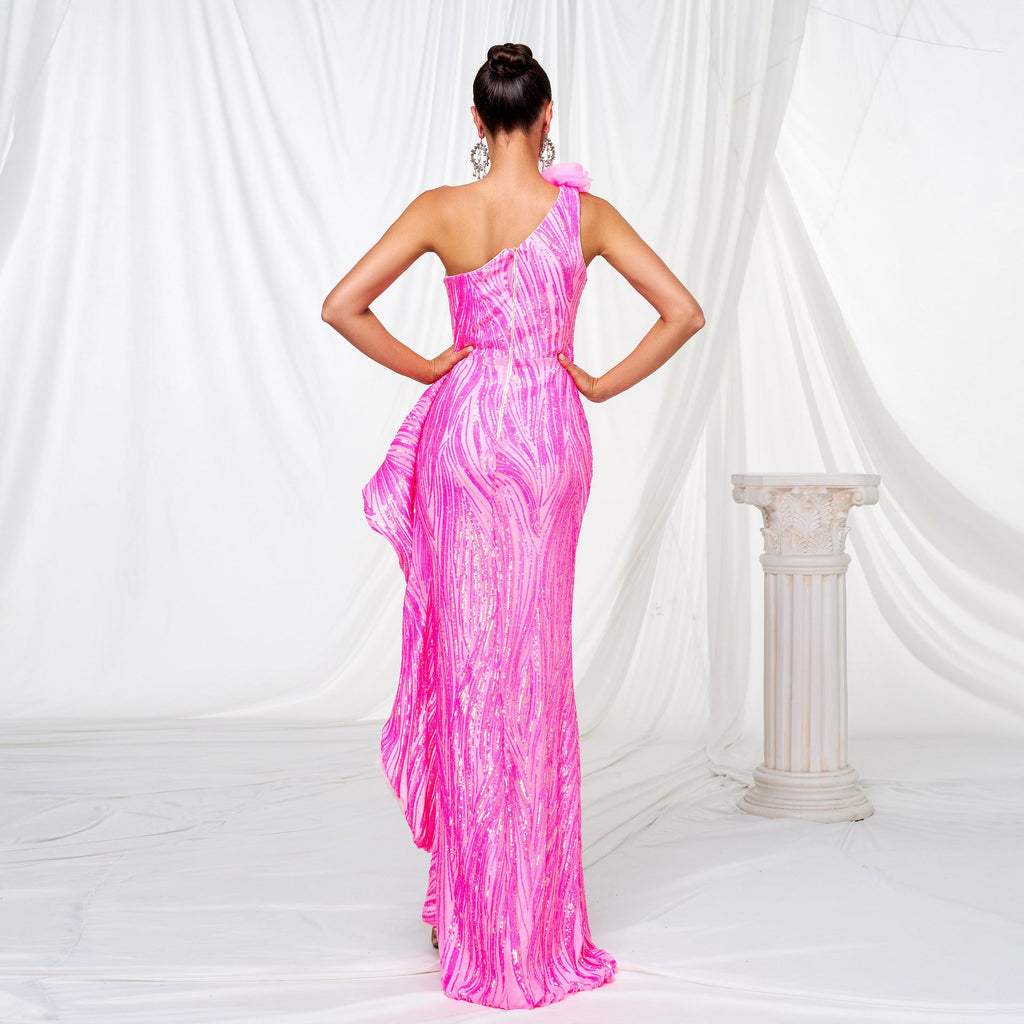 One-shoulder Diagonal Collar Sequined Slit Evening Dress